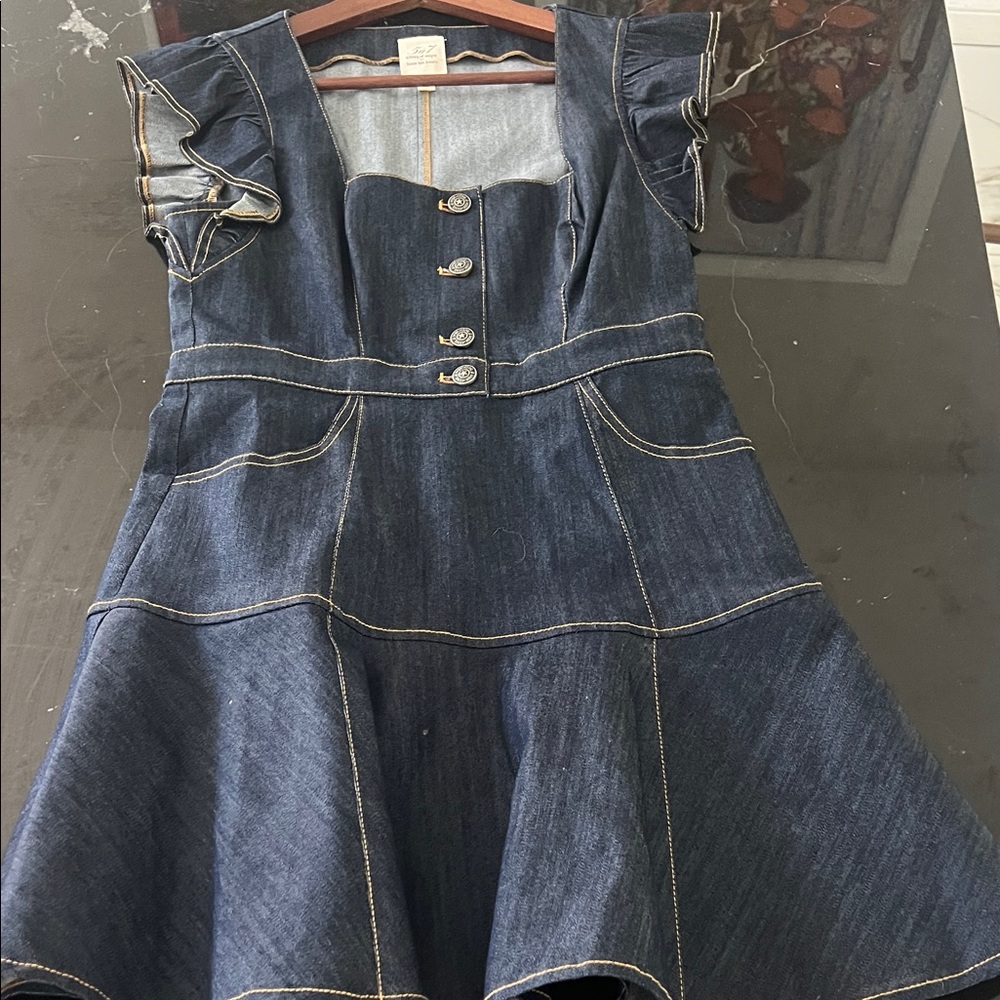 cinq a sept Dark Blue Denim Ruffle-Sleeve Skirt Dress